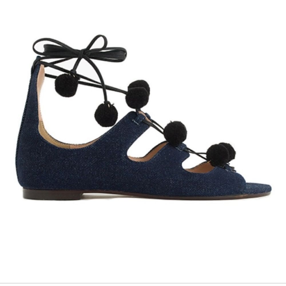 J. Crew Darkwash Denim Caged Gladiator Sandals with Pom-poms lace up